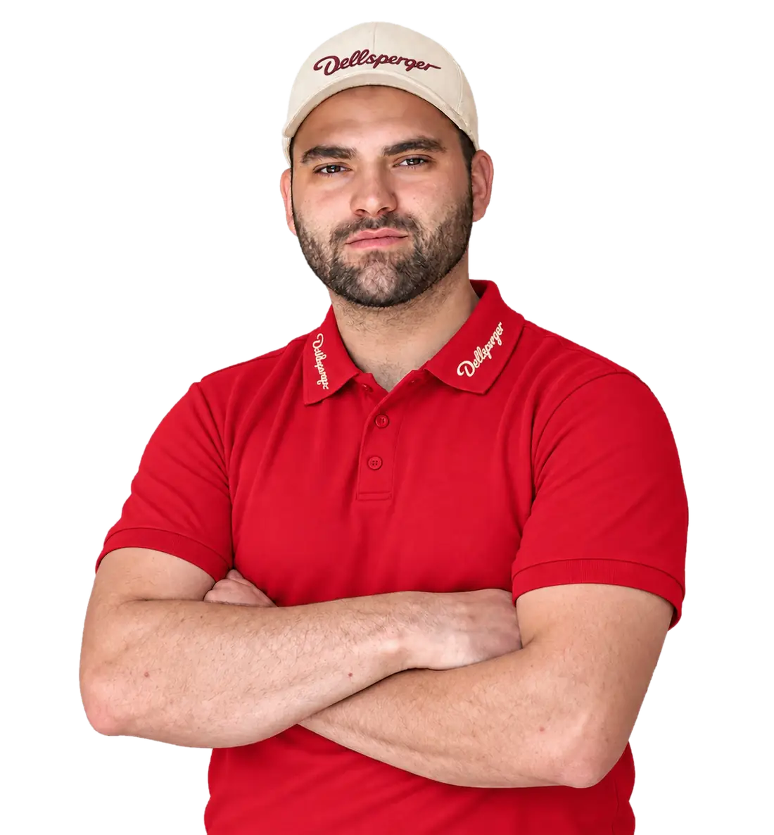 Porträt von Mario Dellsperger mit Dellsperger-Cap und rotem Poloshirt